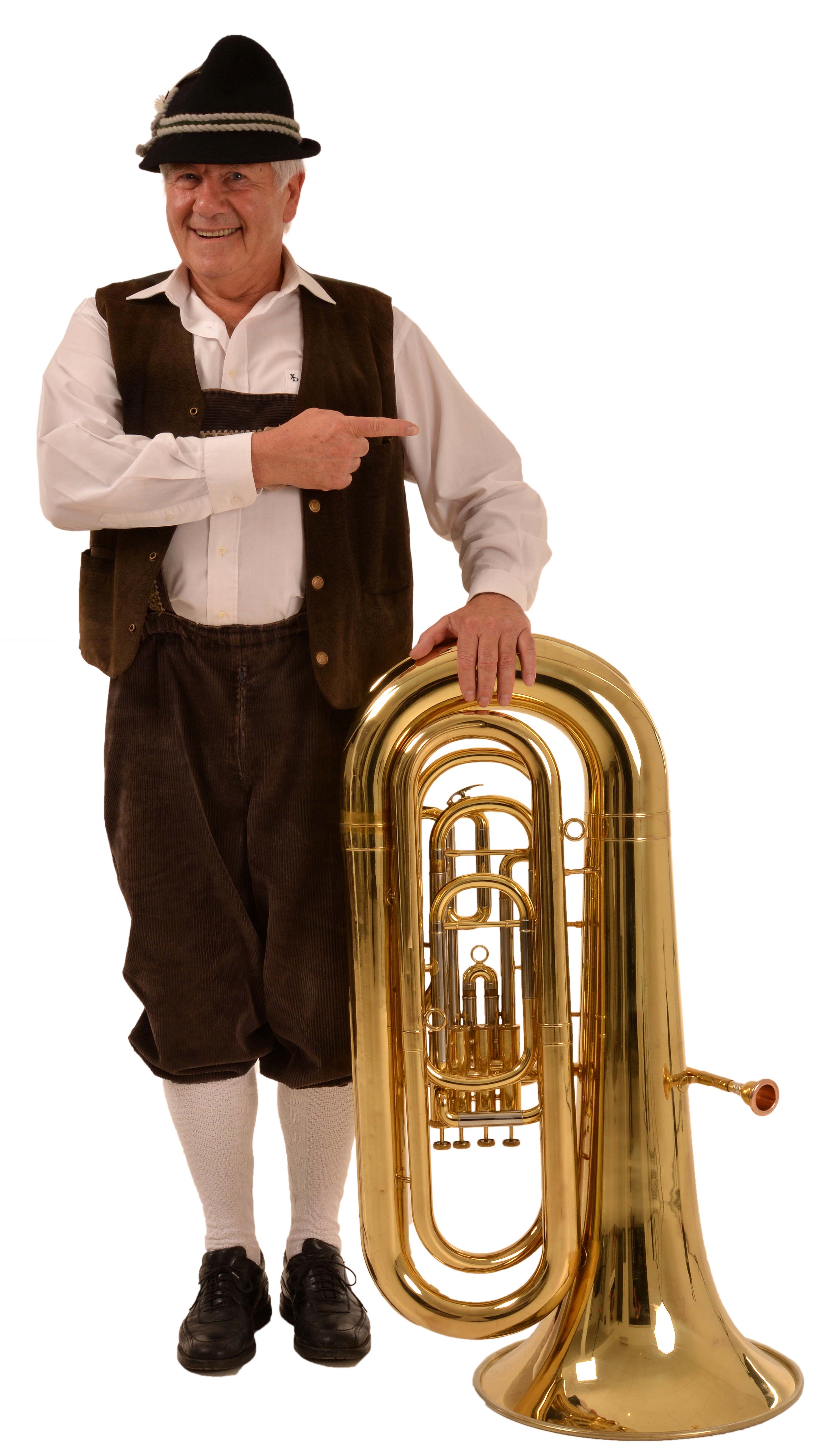 Musicien en tenue traditionnelle bavaroise avec chapeau et lederhose